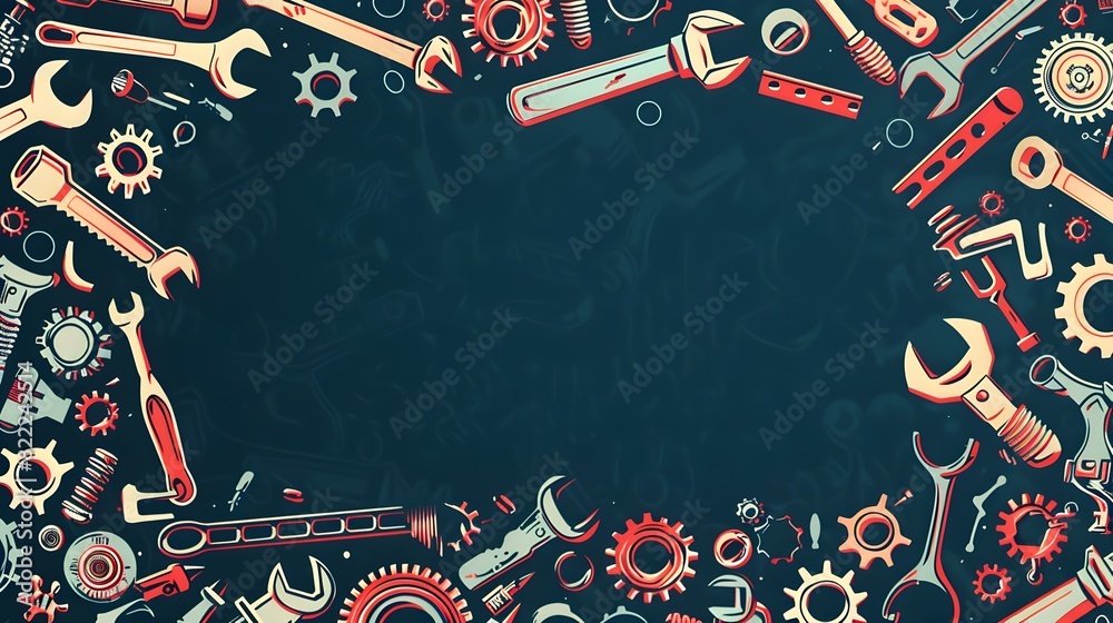 Wall mural versatile labor day backdrop with abstract tool and gear in midnight blue scarlet and bone