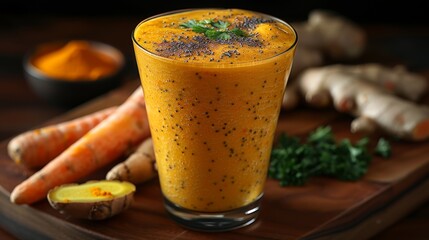 nutritious smoothie recipe, boost your immunity with delicious homemade vegetable smoothie made with carrots, ginger, and turmeric in a tall glass a flavorful and nutritious choice