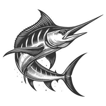recommend clip art: sailfish blue marlin fish sketch engraving generative ai fictional character vector illustration. Scratch board imitation. Black and white image.