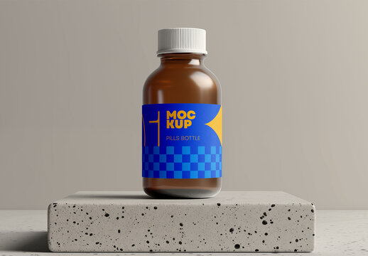 Small Glass Bottle Mockup on Stone Pedestal &ndash; Realistic Packaging Template for Medicine, Supplement, Cosmetic, or Essential Oil Branding Projects