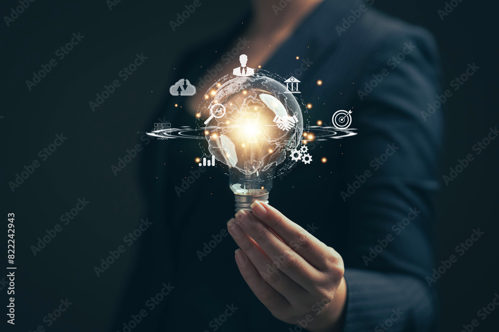 Poster light bulb in hand. big data analysis and business concept with charts and graph icons on digital sc