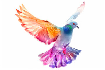Obraz premium A vibrant dove with colorful wings in flight, isolated on a white background.