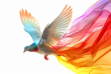 Obraz premium A white dove soars through a colorful swirl of fabric, symbolizing peace, hope, and unity.