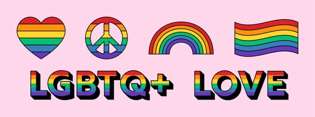 LGBTQ+ Pride Month Symbols. Set of Retro Style Gay Pride Symbol Illustrations in Rainbow Pride Flag Colours. LGBT Gay Pride Month Vector Icons, Symbols, Stickers.