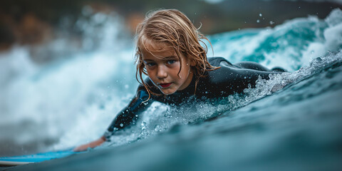 Close-up of a boy surfing, Concept photography on holiday activities at sea,