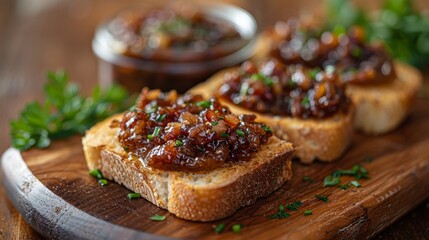 gourmet food combinations, savor the tantalizing blend of savory bacon jam on toasted bread for a deliciously sweet treat that will delight your taste buds