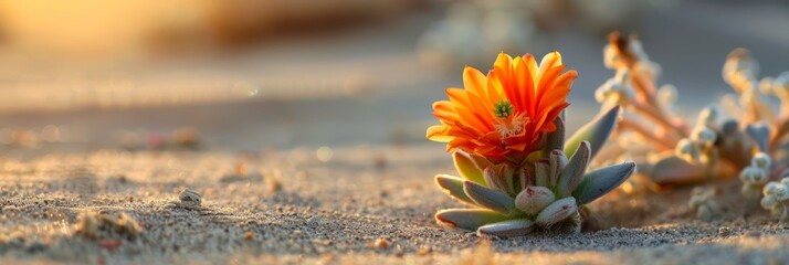 A single vibrant orange desert flower blooms in soft morning light against a sandy backdrop.