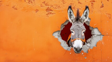 Captivating image of a donkey with a helmet, dramatically breaking through an orange wall, creating a dynamic visual.
