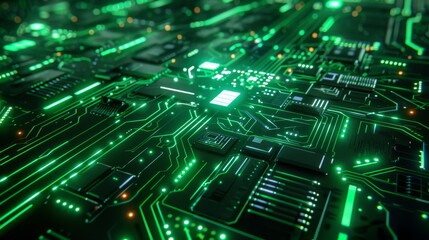 Fototapeta premium Glowing circuit board with integrated chips and futuristic green lights