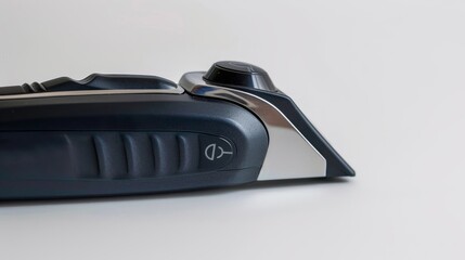 Close-up advertising image of professional hair clippers, isolated white background with studio lighting, showcasing sharpness and efficiency for men's grooming