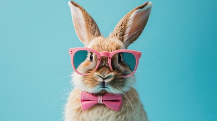 Cool and cute bunny wearing pink glasses and bow tie, isolated on blue background. Generative ai