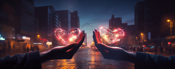 View of man and woman hands which holding little hearts at the night city street.