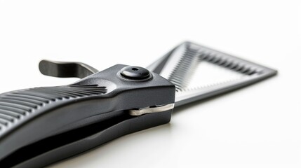 Obraz premium Close-up of clippers cutting short hair, isolated white background with studio lighting, ideal for advertising, showcasing precise men's haircuts and clean lines