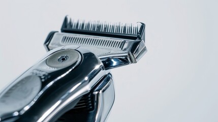 Obraz premium Close-up of clippers shaving close to the scalp, isolated white background with studio lighting, perfect for advertising adjustable cutting lengths and precision