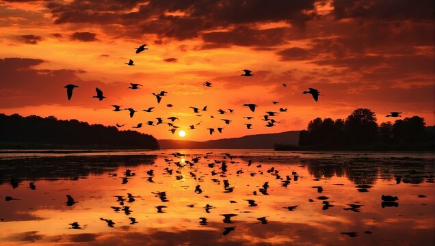 A flock of geese are flying over a lake at sunset. Some geese are in the water, and some are flying above the water. The sky is orange, and the sun is setting.

