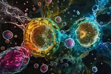 Cell division process seen under a microscope. Realistic cellular replication.