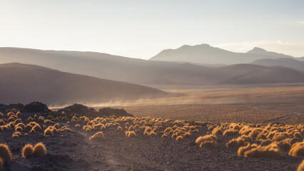 Landscape of Bolivia. Dusty road near the mountains at sunset