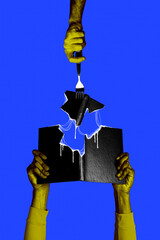 Composite artwork collage image of arms hold book fork eat isolated on creative blue background