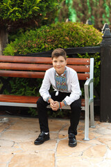 Obraz premium young teenager in an embroidered shirt sitting in the park