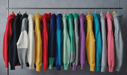 Stack of Sweaters and Hoodies Hanging on Hangers