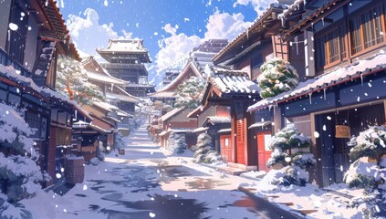 Snowy Japanese Village in Winter