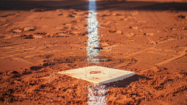 A high-angle shot of a freshly lined softball diamond, focusing on third base with the baseline leading off into an expansive area of copy space.
