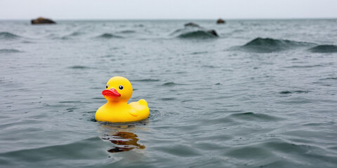 Lost Rubber Duck Floating in the Open Sea or Ocean