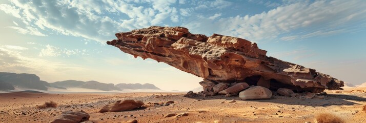 A unique rock formation seemingly defying gravity stands prominently in a vast desert setting. - Powered by Adobe