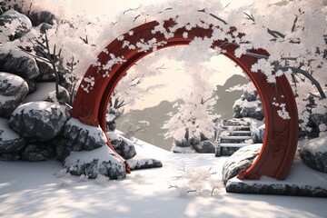 a red arch with snow on it