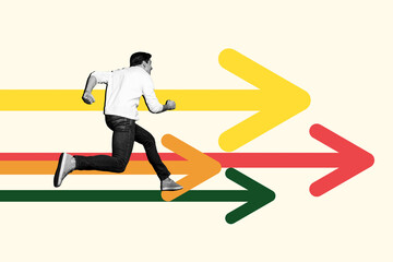 Composite collage picture of black white colors mini guy run arrow pointer isolated on creative background