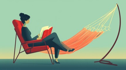 A woman sits in a modern red chair, engrossed in a book beside an orange hammock, against a serene, minimalist background, portraying a peaceful reading moment.