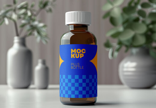 Amber Pill Bottle Mockup &ndash; Realistic Medicine Packaging for Syrup, Supplement, or Liquid Pharma Branding
