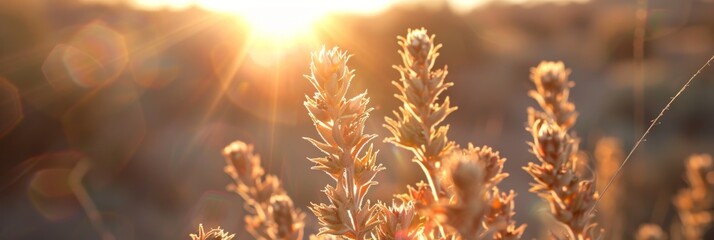 Golden plants illuminated by the setting sun creating a soft glow around the edges.