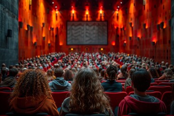 the engagement of a group of young individuals, their attention fixed forward and faces alight with interest and curiosity, as they are captivated by a performance at a knowledge assembly.