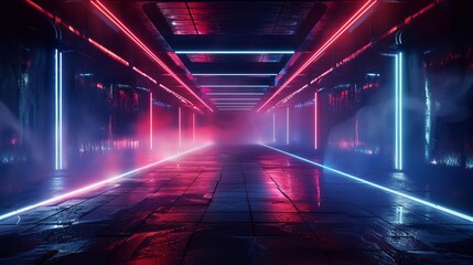 Fototapeta premium Dark empty space, blue and red neon spotlight, wet asphalt, smoke, night view industrial, rays. Abstract dark texture of an empty background with copy space mock up design