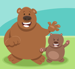funny cartoon brown bear animal character with baby bear
