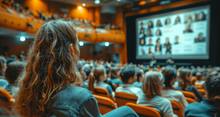 the engagement of a group of young individuals, their attention fixed forward and faces alight with interest and curiosity, as they are captivated by a performance at a knowledge assembly.