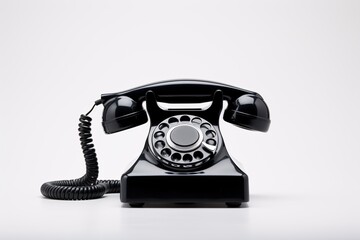 a black rotary telephone with a cord