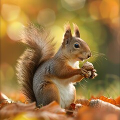 A playful squirrel holding an acorn.