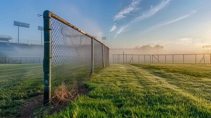 A serene, early morning scene showing the corner of a baseball stadium, outfield fence meeting the grass, with mist hanging over the field and extensive copy space in the tranquil sky.