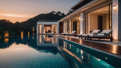 Fototapeta premium Luxurious villa with swimming pool at dusk