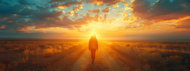 An inspiring scene of new beginnings, with a person starting a fresh journey, symbolic elements like sunrise and open road.