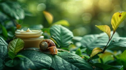 snail moving towards jar of cream amidst green leaves, skincare banner depicting natural beauty care concept