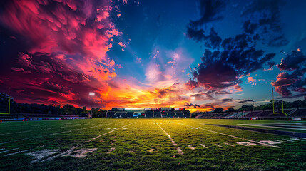 A vibrant sunset casting colorful hues over a football stadium, focusing on the interplay of light and shadow across the field, with ample copy space in the sky.