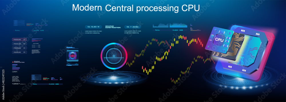 Poster presentation new processor for computer. microprocessor on futuristic background with hud elements. 