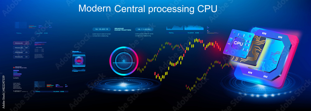 Poster presentation new processor for computer. microprocessor on futuristic background with hud elements. 