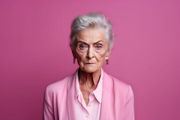 Magenta background sad European white Woman grandmother realistic person portrait of young beautiful bad mood expression Woman Isolated Background 