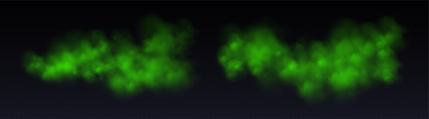 Green smoke clouds, toxic vapor or haze isolated on black, abstract smoky overlay. Vector illustration. © Likanaris