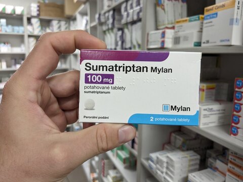 Prague,Czech republic&ndash;May 22 2024:Pharmacy store-Sumatriptan MYLAN and Actavis pills for treatment of migraine and head aches	
