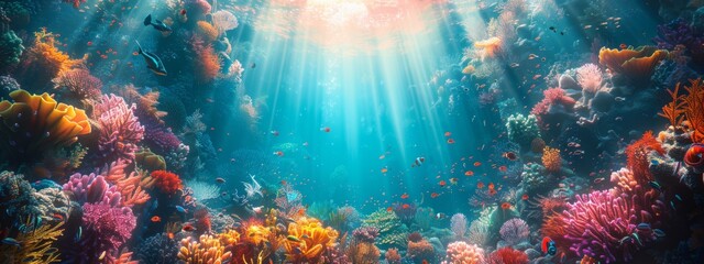 An underwater scene featuring colorful coral reefs, diverse marine life, and sunlight filtering through the water.